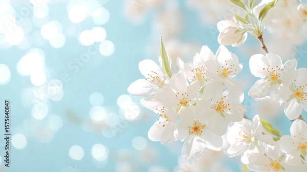 Fototapeta Soft white cherry blossoms against a bright blue spring sky with bokeh effect creating a serene and peaceful atmosphere