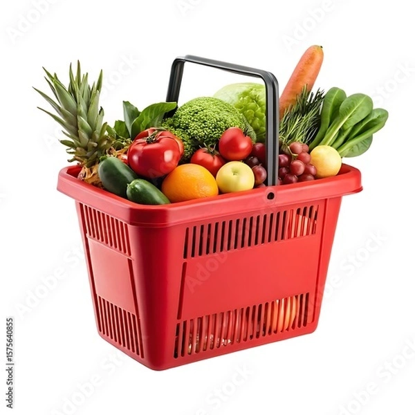 Fototapeta A red shopping basket filled with a variety of fresh fruits and vegetables on a white background