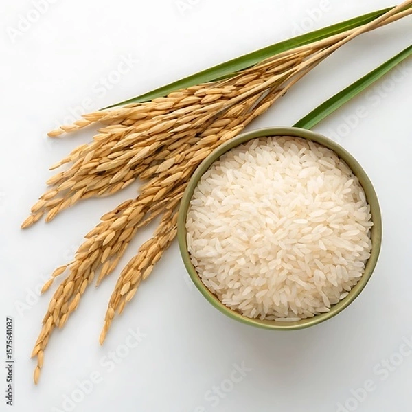 Fototapeta A top view of rice grains in a bowl with rice stalks and leaves on a white background studio shot