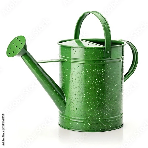 Fototapeta A green watering can with white specks sits on a white surface against a plain white background