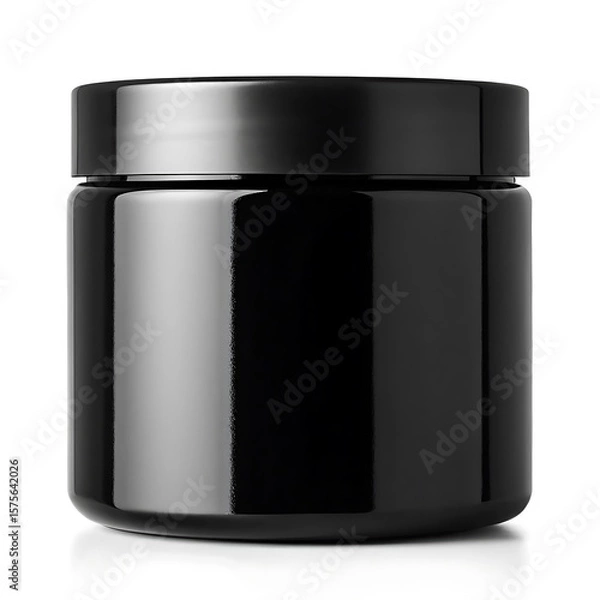 Fototapeta A glossy black plastic jar with a lid sitting on a white surface in a studio shot with soft lighting