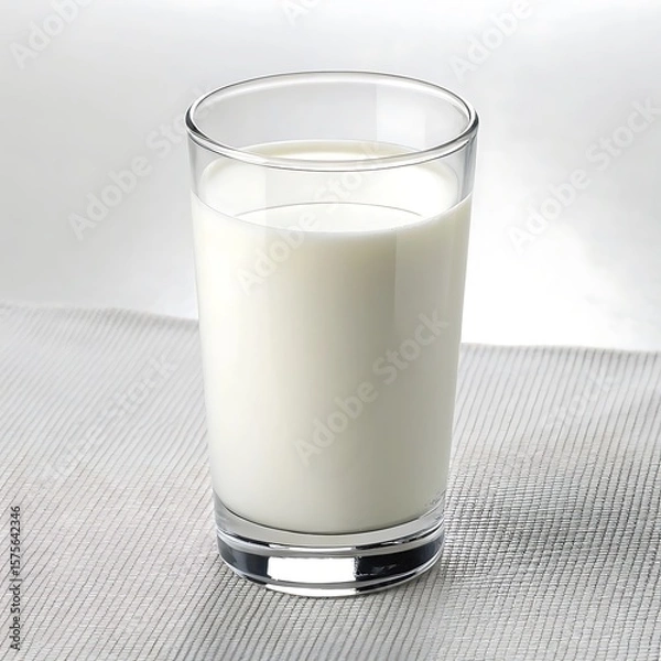 Fototapeta A clear glass filled with fresh white milk sitting on a textured white surface in a well lit setting