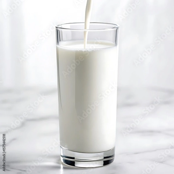 Fototapeta Pouring fresh milk into a clear glass on a white marble surface with a soft white background light