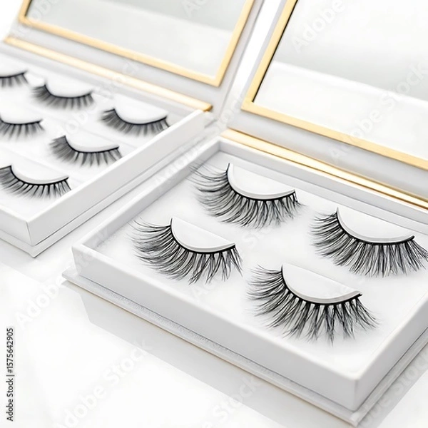 Fototapeta Close up of two white boxes with gold trim containing several pairs of false eyelashes on display