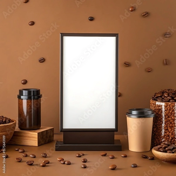 Fototapeta Blank advertising board with coffee beans and cup on brown background studio product shot for mockup design
