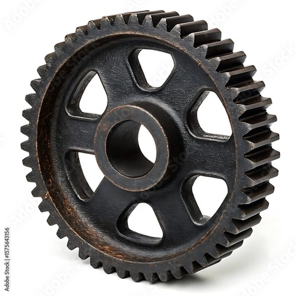 Fototapeta A single dark metal gear with many teeth and triangular cutouts isolated against a white background surface