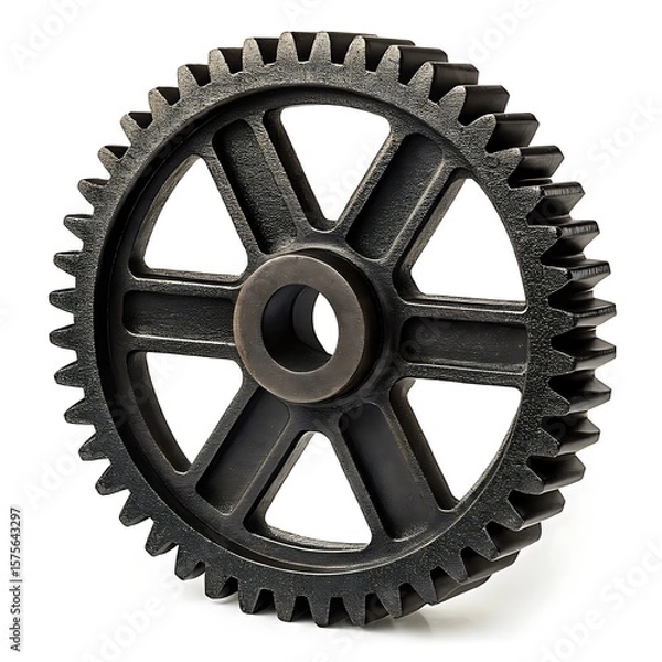 Fototapeta A single dark metal gear with multiple spokes and teeth isolated on a plain white background surface