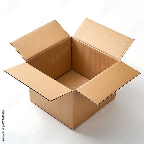 Fototapeta An open cardboard box with flaps extending outward on a white surface in a square format image