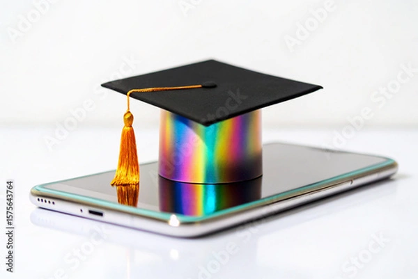 Obraz Black Graduation Cap Gold Tassel on Rainbow Smartphone