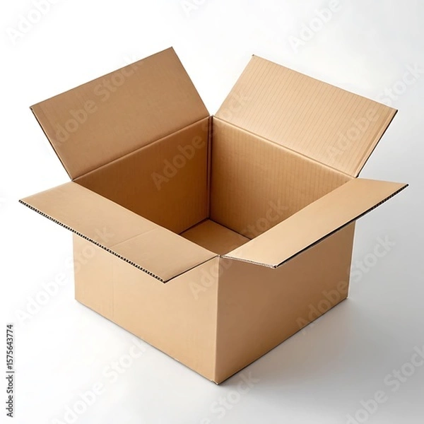 Fototapeta An open cardboard box with flaps extending outward on a plain white background in a studio setting