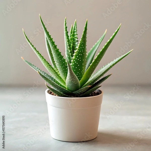 Fototapeta Close up of an aloe vera plant in a white pot against a neutral background in soft diffused lighting