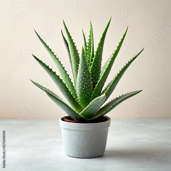 Fototapeta A close up of an aloe vera plant in a white pot against a neutral background in a studio setting