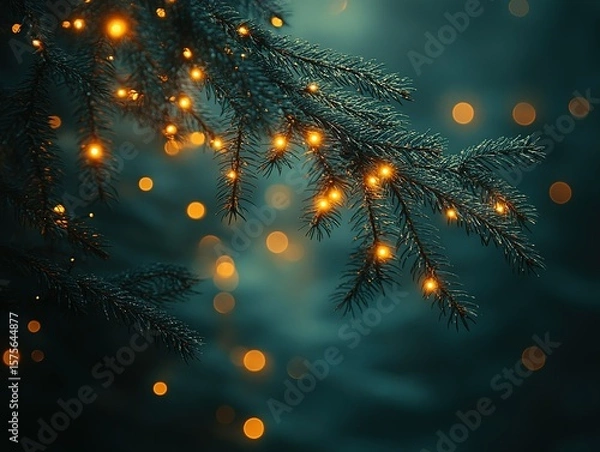 Obraz "Christmas Decor: Spruce Tree Branches with Twinkling Lights for Festive Design"
