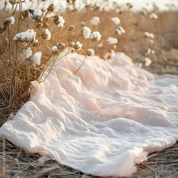 Fototapeta Peach Linen Fabric Draped on Dried Flowers Field