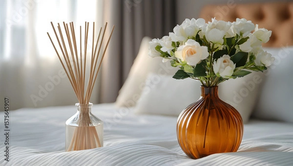 Fototapeta Scented Reed Diffuser in a Lavish Hotel Suite with Soft Bedding and Refined Ornamentation, reed fragrance diffuser in an upscale accommodation environment 97857632 2