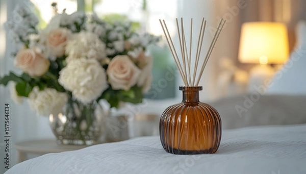 Fototapeta Fragrant Bamboo Stick Diffuser in an Opulent Hotel Suite Featuring Luxurious Linens and Sophisticated Interior Design, scented stick diffuser in a high-end lodging ambiance 74893752 3