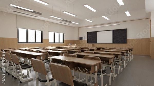 Obraz Modern Classroom Interior Design with Desks and Chairs - 3d Rendering