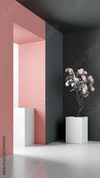 Fototapeta Modern interior design with colorful wall accents and decorative flower arrangement in minimalistic space