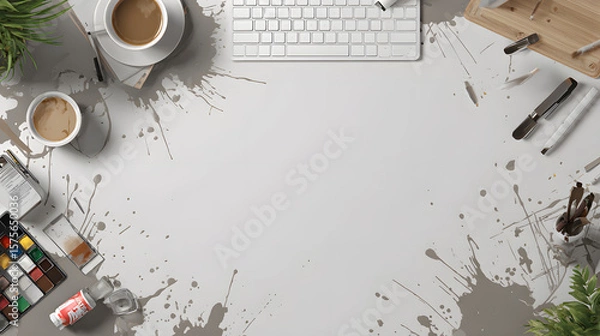 Fototapeta Creative artist workspace with paint splatters brushes pencils paper and palette on a white desk