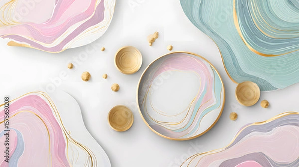 Fototapeta Abstract marbled background with pastel colors and wooden beads for creative design and decor