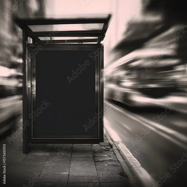 Fototapeta Modern city bus stop shelter with blank advertising board on a busy street with moving vehicles in the background
