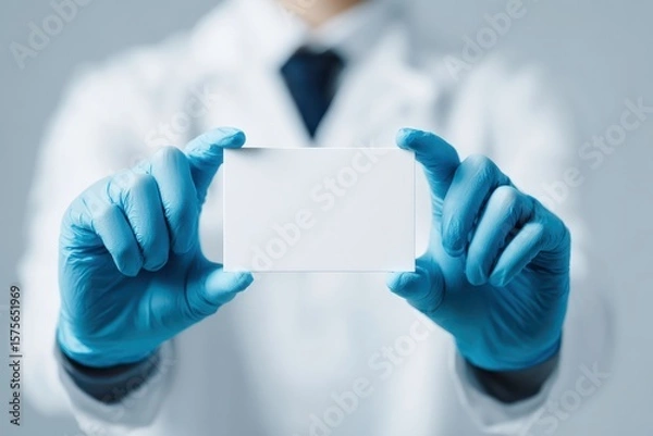 Fototapeta Healthcare fraud legal system  concept. A person in gloves holds a blank card, emphasizing a clean, professional environment.