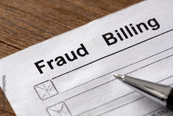 Fototapeta Healthcare fraud legal system  concept. Fraud billing document with checkboxes and a pen on a wooden surface.