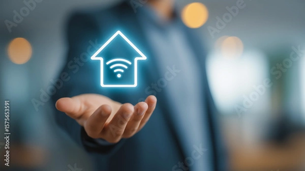 Fototapeta Businessman holding a smart home technology icon with a network connection on his hand