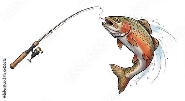 Obraz Fishing rod and jumping trout