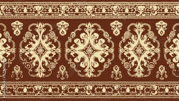 Fototapeta Filipino folk art yakan cloth seam vector, Traditional textile pattern with intricate geometric design featuring brown, blue and tan colors creating a seamless border