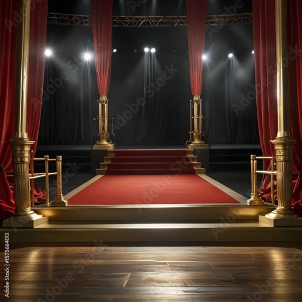 Fototapeta An opulent and formal stage or ceremonial pathway is showcased, featuring a long red carpet leading towards a central structure. The backdrop consists of luxurious deep red velvet curtains, framed by 