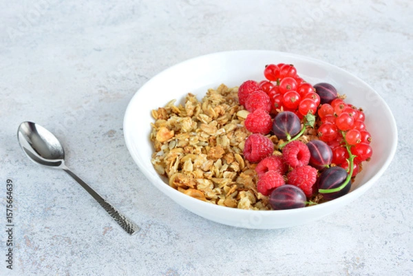 Obraz Granola Bowl with Fresh Berries raspberry gooseberry red currant