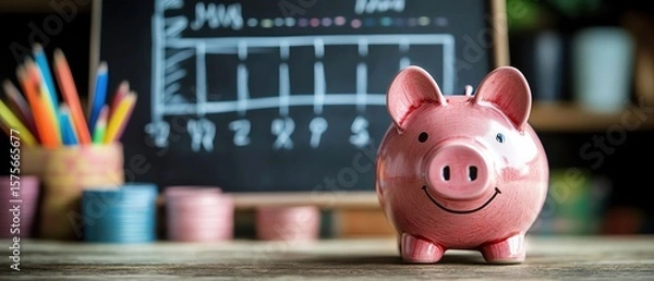 Obraz Piggy bank with chalkboard showing savings chart