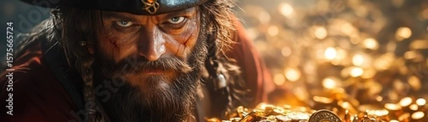 Obraz Pirate captain standing on pile of treasure
