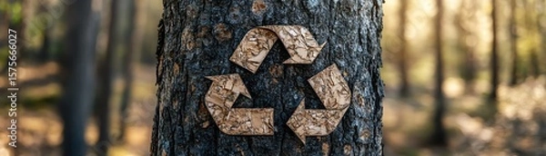 Obraz Recycle icon painted on tree bark in forest