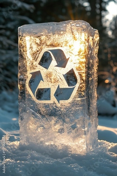 Obraz Recycle logo carved into ice block in sunlight