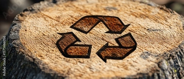 Obraz Recycle logo carved into tree stump crosssection