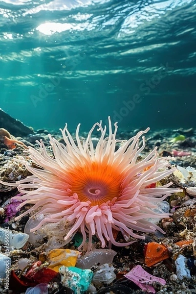Obraz Sea anemone covered in bits of plastic litter