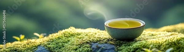 Obraz Tiny teacup of green tea on mosscovered rock
