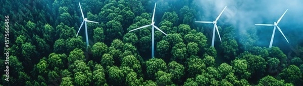 Obraz Turbines viewed from drone flying above treetops