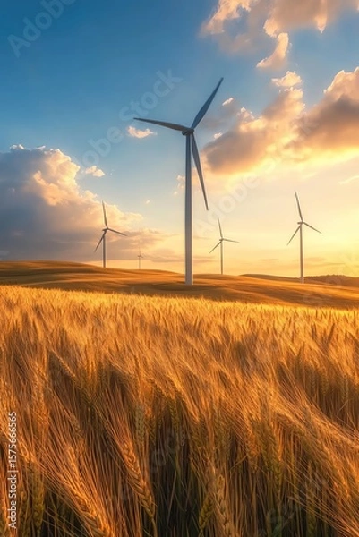 Obraz Wind turbines spinning in golden wheat field at sunrise