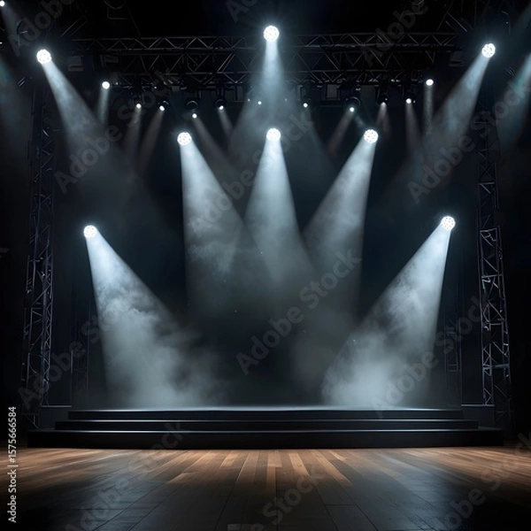 Fototapeta A stage is intensely lit by numerous bright white spotlights, creating a powerful and focused illumination. The beams of light project downwards, highlighting the stage floor and creating sharp contra