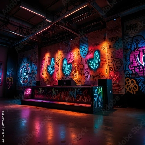 Fototapeta An interior view of an urban, graffiti-covered space is presented, possibly a club or performance venue. The walls are extensively decorated with vibrant graffiti in various colors, including neon acc