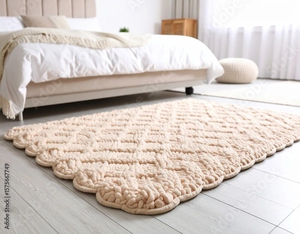 Fototapeta Soft, textured area rug in a cozy bedroom setting, placed on light wooden floor, enhancing the warm atmosphere and inviting comfort for relaxation and style