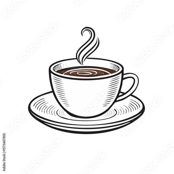 Obraz Steaming Coffee Cup on Saucer, Hatch Art, Isolated on Black, Beverage, Breakfast, Lunch, Dinner, Snack, Warm Drink