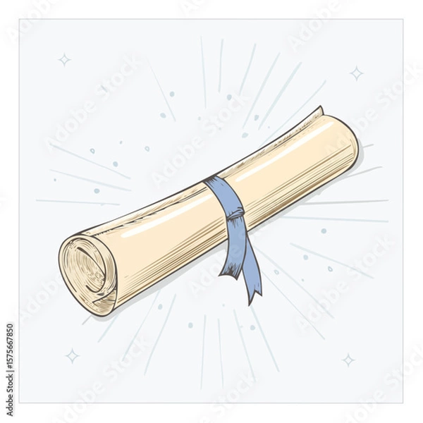 Obraz Rolled diploma tied with ribbon on radiating light background illustration