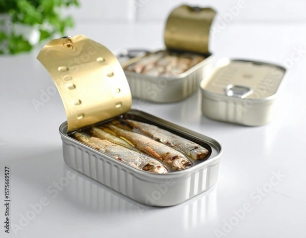 Fototapeta Open tin can of sardines on a white surface, showcasing the fish inside, with additional cans in the background, emphasizing freshness and culinary appeal for food photography