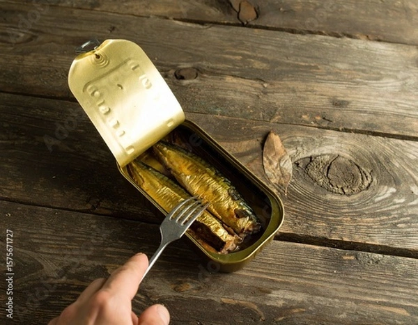 Fototapeta Open tin can of sardines on rustic wooden table, showcasing delicious fish ready to eat, with a fork poised to serve, highlighting culinary experience and simplicity of meal preparation
