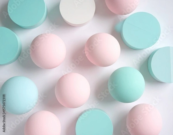 Fototapeta Colorful geometric shapes including pastel spheres and circular blocks arranged artistically on a white surface, creating a visually appealing composition with soft hues and modern design elements