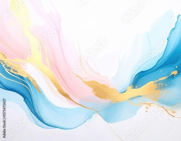 Fototapeta Abstract watercolor illustration featuring flowing pastel colors of pink, blue, and gold, creating a harmonious blend of textures and movement, ideal for artistic backgrounds and design projects